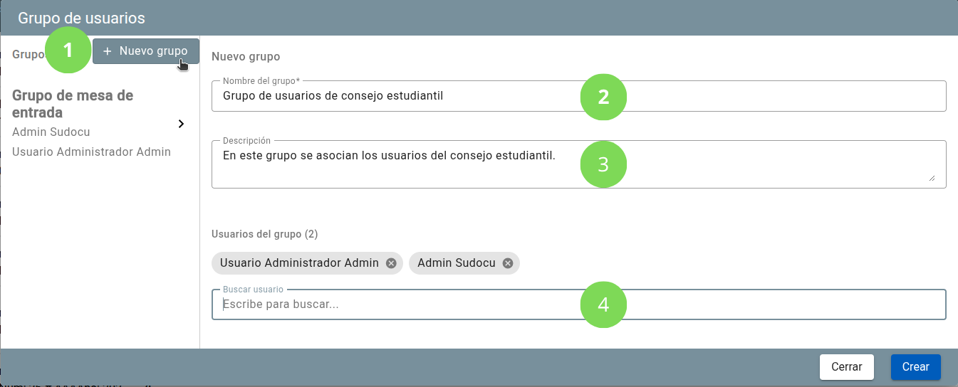 Formulario de creación de grupos de usuarios.